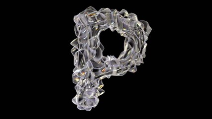 Poster - 3D glass alphabet letter p with light dispersion animation isolated on black background