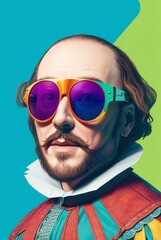 Wall Mural - william shakespeare wearing a colorful sunglasses on party colored background from generative ai