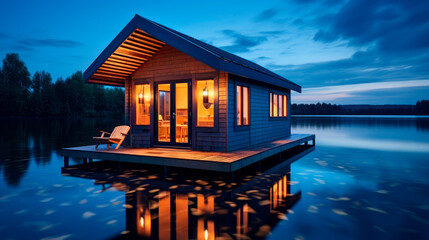 wooden floating house with nice reflection on the lake water at night.