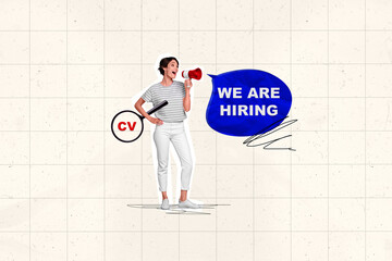 Poster - Collage portrait of hr manager girl communicate loudspeaker toa we are hiring dialogue bubble cv magnifier lens isolated on checkered background