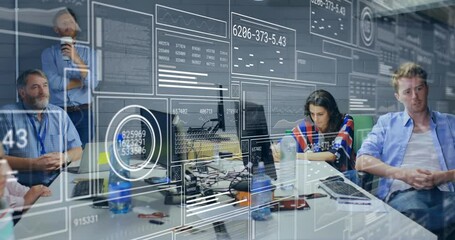 Poster - animation of statistical data processing over team of diverse colleagues in meeting room at office