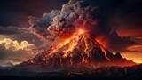 Fototapeta  - Dramatische Darstellung eines massiven Vulkanausbruchs bei Nacht mit Magma, Lava, Blitzen, Feuer und Wolken
