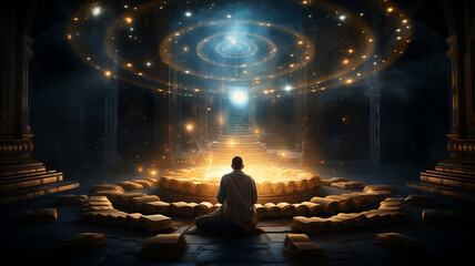 Wall Mural - astral yoga silhouette of human in cosmic space meditate. back view man practicing transcendental sp