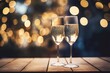 Two glasses of champagne on table, blurred golden background with lights