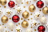 Fototapeta  - Christmas greeting template with golden and balls on white background. Xmas an Happy New Year banner mock up