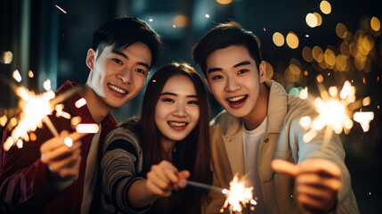 Asian friends with sparklers celebrate New Year 