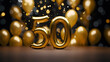 50 th birthday anniversary greeting card. Black and golden balloons with sparkles high detailed background