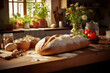 bread on the table, Cozy country kitchen with fresh bread cooling on a wooden countertop.