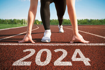 happy new year 2024. concept of starting a business or career in the new year. woman preparing for running. beginning of the 2024 year. transition to new level concept. hope and expectation in 2024.