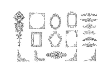 Wall Mural - hand drawn vector abstract outline,graphic,line vintage baroque ornament floral borders set in minim