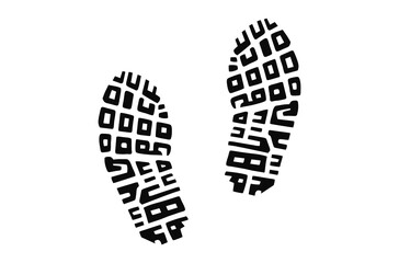 Wall Mural - Human shoe footprints. Pair of prints of sneakers or boots. Left and right leg. Shoe sole. Walking foot steps. Black and white vector isolated on white. Icon, symbol, pictogram... Design element