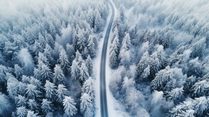 Wall Mural - Aerial view of snow forest with a road. Winter concept