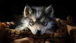 Siberian Huskie puppy sitting in a basket with blue eyes, in the style of dark sky-blue and light amber - Generative AI