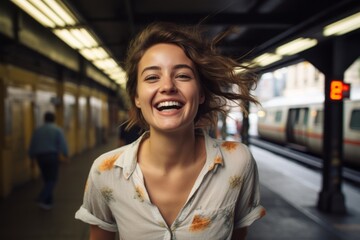 Wall Mural - Portrait of a joyful woman in her 30s wearing a simple cotton shirt against a bustling city subway background. AI Generation