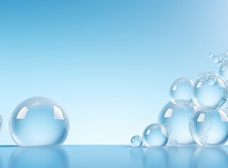 Poster - Soaring bubbles on blue background. Abstract soap bubbles floating background.