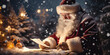 Santa Claus writes a letter against a beautiful snowy Christmas background. Beautiful magical Christmas atmosphere. Happy New Year and Merry Christmas