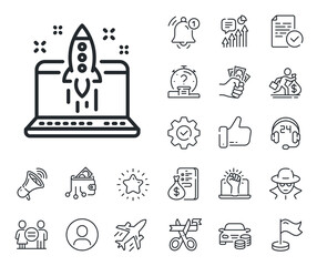 Poster - launch crowdfunding project sign. salaryman, gender equality and alert bell outline icons. start bus