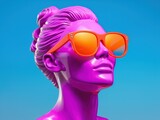 Fototapeta  - pop art statue head of a woman with sunglasses on bright blue background