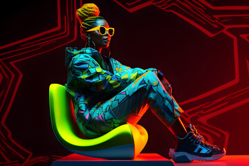 Wall Mural - African woman in neon costume and neon shoes, in the style of futuristic pop, luminous color palette