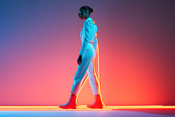 Wall Mural - African woman in neon costume and neon shoes, in the style of futuristic pop, luminous color palette