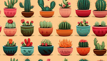 Pattern Various Type Of Cute Cactus Plants. Various Cactus Collection. Vintage Silhouette Style Illustration.
