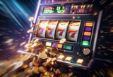 Fototapeta  - Casino slot machine closeup, spin gamble game, lucky sevens, money coins falling