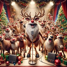 Whimsical Scene Showcasing Santa's Reindeer Gathered For A Comical Karaoke Night
