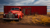 Fototapeta  - Red Truck and Red Barn - blue skies - old - vintage - country - rural 