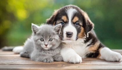 Wall Mural - Adorable puppy and kitten lying together