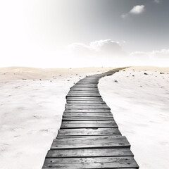 a path of wooden planks through sand seeming going on forever