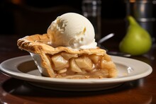 Photo Of A Classic Apple Pie A La Mode With A Scoop Of Melting Vanilla Ice Cream. Generative AI
