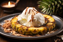 Photo Of A Tropical Pineapple Ring Grilled To Perfection With A Scoop Of Coconut Ice Cream. Generative AI