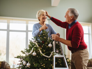 Wall Mural - A couple were doing Christmas decorations in the living room