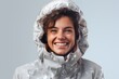 Portrait of a cheerful woman in her 20s dressed in a thermal insulation vest against a plain white digital canvas. AI Generation