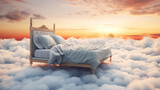 Fototapeta Perspektywa 3d - Soaring bed with soft blanket, among the fluffy clouds on the sunset background.