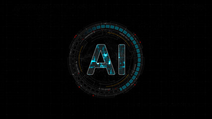 Poster - Blue digital AI letter and circle futuristic HUD elements with flowing arrows with Ai chatbot and machine learning technology and ai assistance concepts on abstract background