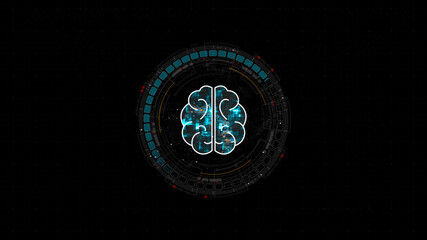 Poster - Blue digital robot brain logo and circle futuristic HUD elements with flowing arrows with Ai chatbot and machine learning technology and ai assistance concepts on abstract background