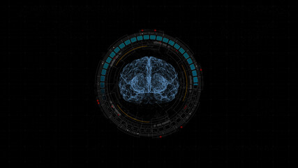 Poster - Blue digital robot brain logo and circle futuristic HUD elements with flowing arrows with Ai chatbot and machine learning technology and ai assistance concepts on abstract background