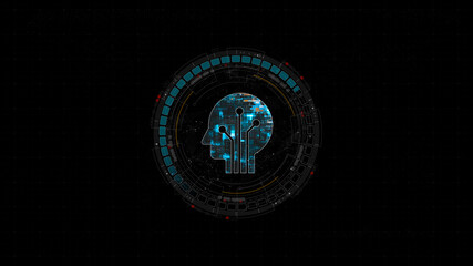 Poster - Blue digital robot head logo and circle futuristic HUD elements with flowing arrows with Ai chatbot and machine learning technology and ai assistance concepts on abstract background