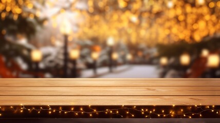 Wall Mural - Empty rustic wooden table for product display with blur background of winter or Christmas forest. Generative AI