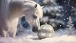 A majestic horse nuzzles a sparkling Christmas ornament, its warm breath creating frosty patterns on the decoration.