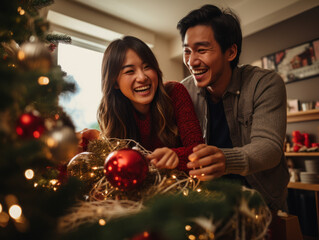 Wall Mural - A couple were doing Christmas decorations in the living room