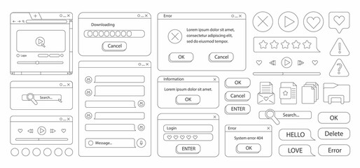 Fototapete - 90s retro vaporwave old desktop user interface elements. Coloring book Cute nostalgic computer ui, vintage aesthetic icons and windows set. 90s interface digital, retro window computer. 