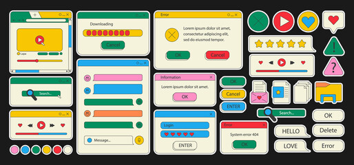 Fototapete - Retro browser computer window in 90s vaporwave style with smile face hipster stickers. Retrowave pc desktop with message boxes and popup user interface elements, illustration of UI and UX.