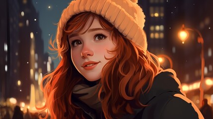 Sticker - Cute smiling girl in a winter hat and jacket on the background of a night city. Fantasy concept , Illustration painting.