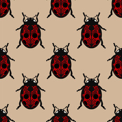Poster - Red ladybug seamless repeat pattern, insect illustration repeating background decorated beetle