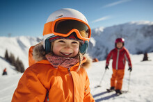 Generative AI Small Children Learn How To Snowboarding Climbing Up Down Mountain Resort Christmas Time
