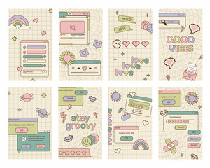 Cute nostalgic 90s retro vaporwave post and story template. Social media stories and posts with old computer aesthetic ui elements set. Illustration of retro groovy abstract interface