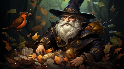 Wall Mural - An evil wizard with a long white beard in the forest. Fantasy concept , Illustration painting.