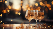 Three Champagne Glasses On A Beautiful Orange Blurred Bokeh Lights Background.